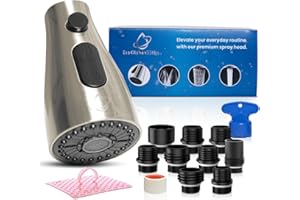 ECOKITCHEN5STARSLLC Kitchen Faucet Head Replacement – Pull-Down Sprayer for Moen, Delta| 3-Mode Sink Faucet Spray Head with 9 Adapters, Brushed Nickel, Kitchen Sink Sprayer Replacement.