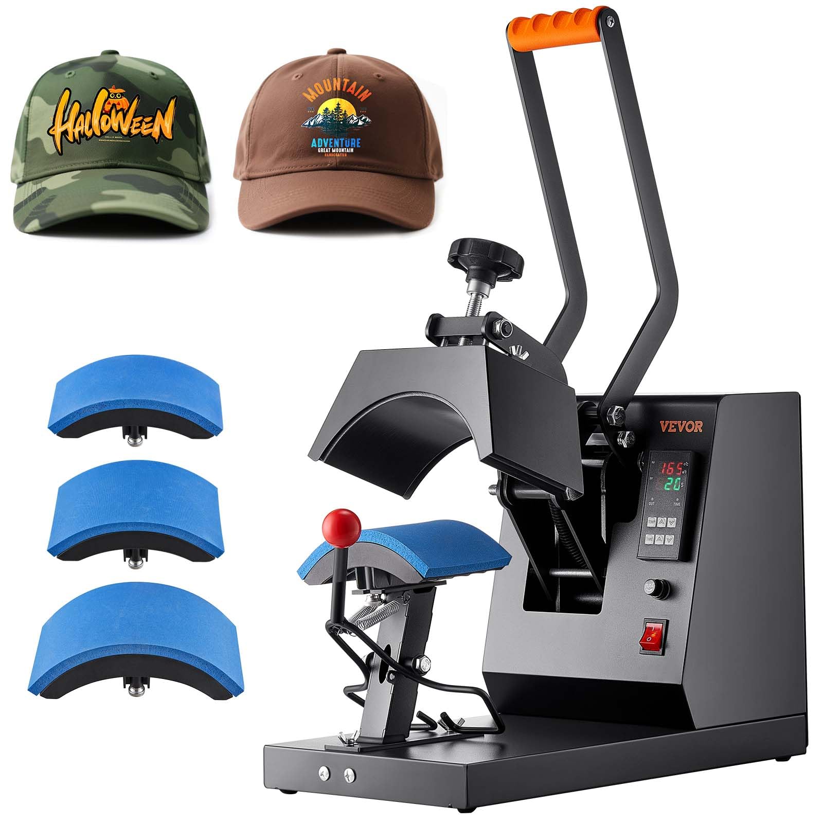 Photo 1 of VEVOR 4-in-1 Heat Press Machine for Hats with 6x3inches Curved Teflon-Coated Heat Plate, Easy Temperature Control Non-Slip Base, Four Replaceable Elements 6x3/6.7x2.7/6.7x3.8/8.1x3.5inches