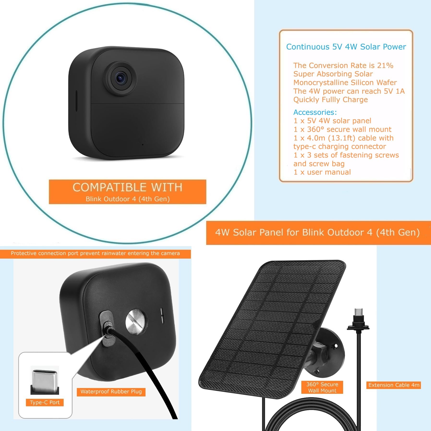 Solar Panel for Blink Camera Outdoor,Outdoor Security Camera Solar Panel Compatible with Blink Outdoor 4(4th Gen),Waterproof Rubber Plug,13ft Cable,Adjustable Mount(Camera Not Included)(2 Pack)