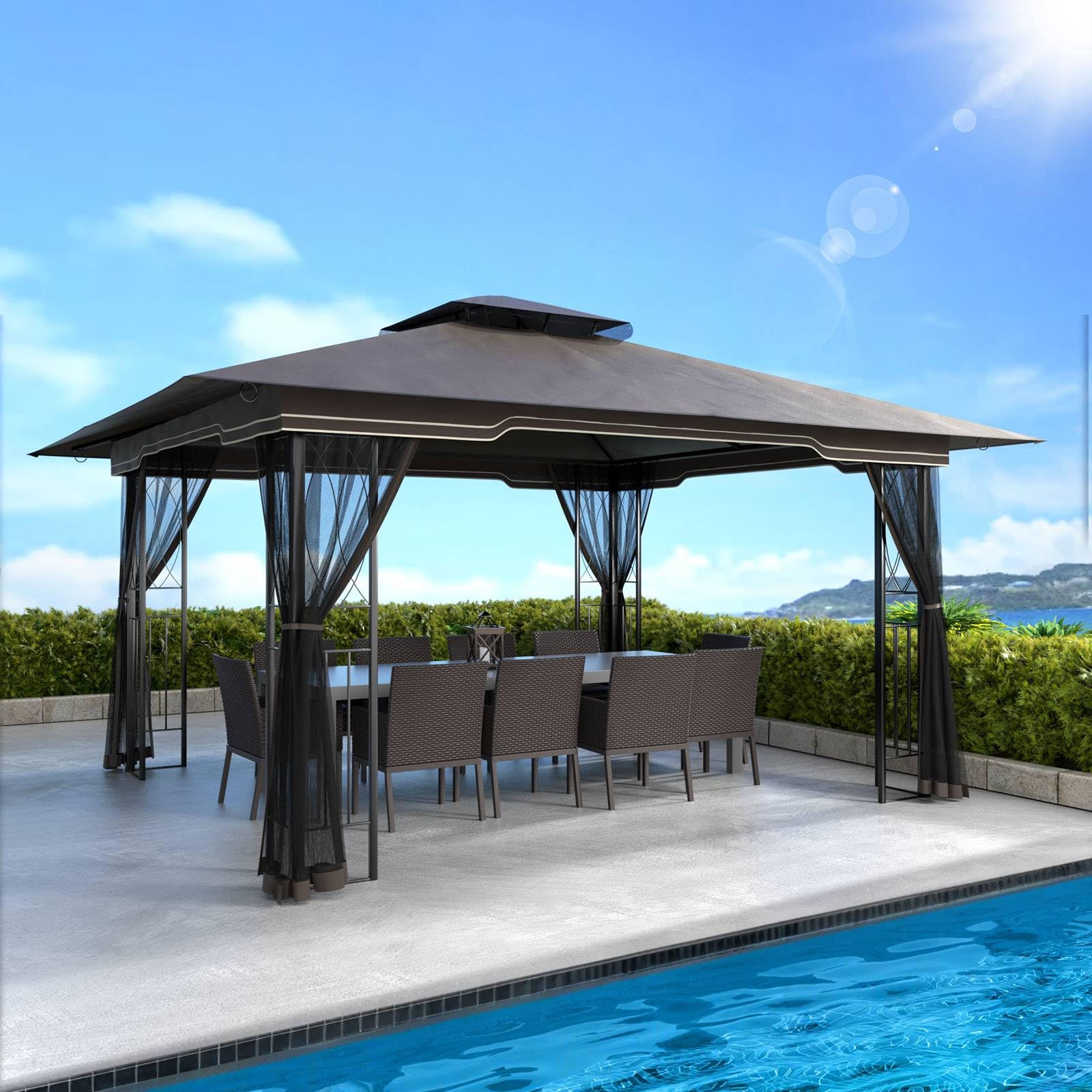 Photo 1 of 11x13 Outdoor Patio Gazebo with Mosquito Netting and Corner Frame Screen Wall, Double Roofs Metal Frame Party Canopy Tent Shelter for Backyard Garden Deck - Brown