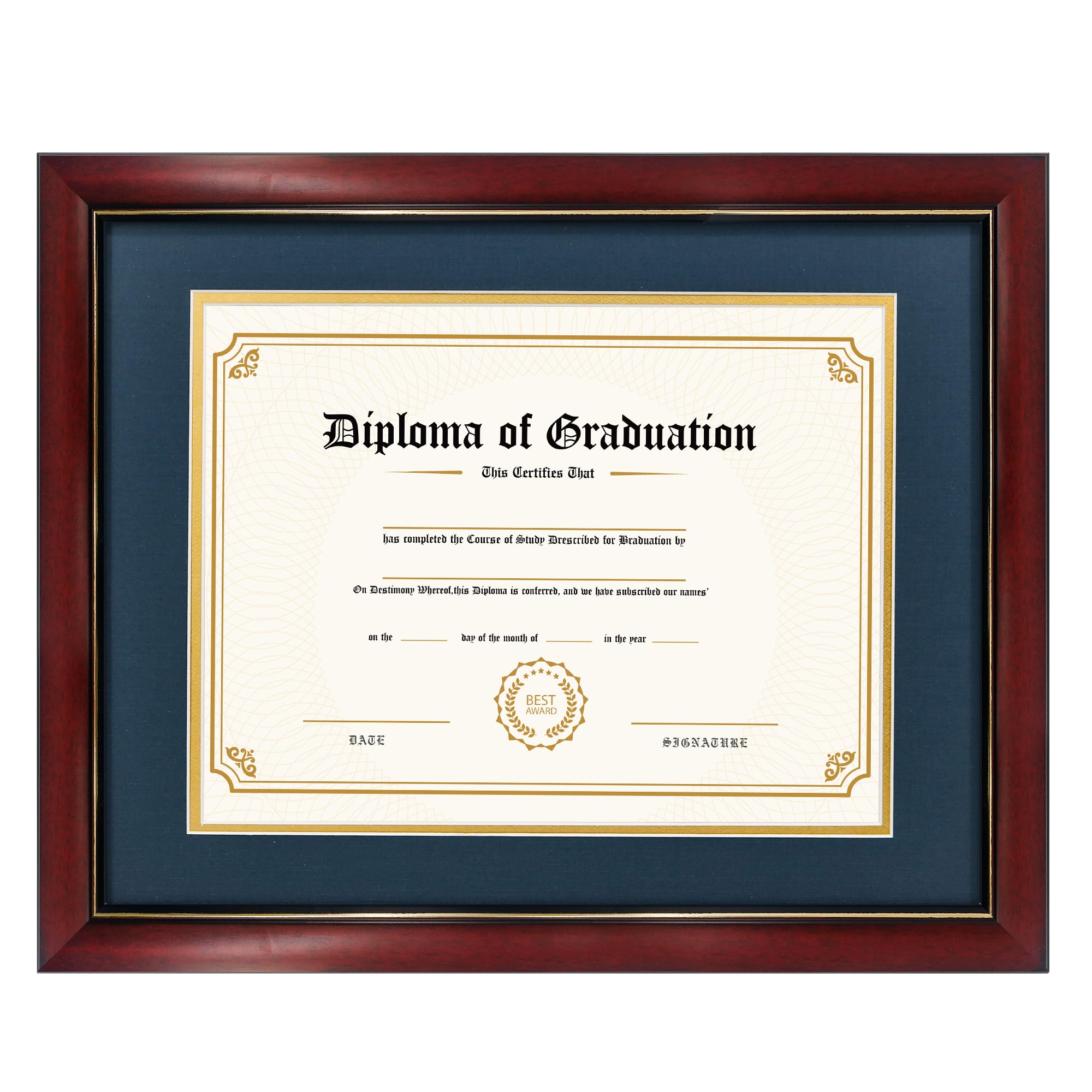 Photo 1 of GraduatePro 8.5x11 Diploma Frame with Navy Over Gold Mat or Display 11x14 Certificate Without Mat,Solid Wood & UV Protection Acrylic,Cherry Finish with Gold Trim