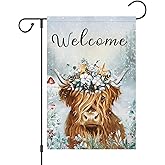 Wodison Welcome Winter Garden Flag Burlap Double Sided Vertical 12x18 Inch Highland Cow Winter Flag Farmhouse Yard Outdoor Decor