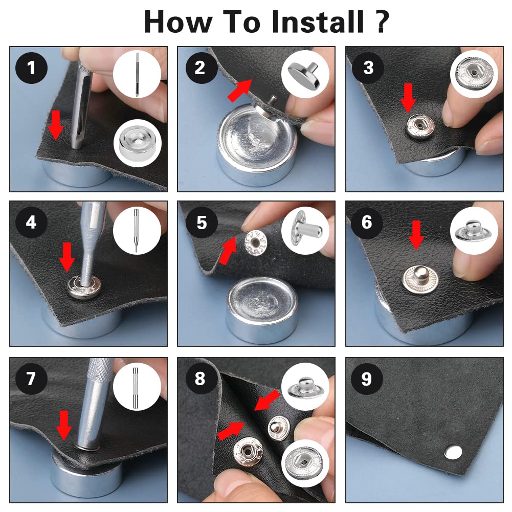 TLKKUE 120 Sets Snap Fasteners Kit, 10mm Snap Buttons with Rubber Hammer, 6 Color Metal Snap Buttons Press Studs with 4 Setting Tools, Snaps for Fabric, Clothes, Jackets, Jeans Wears, Bags, Leather