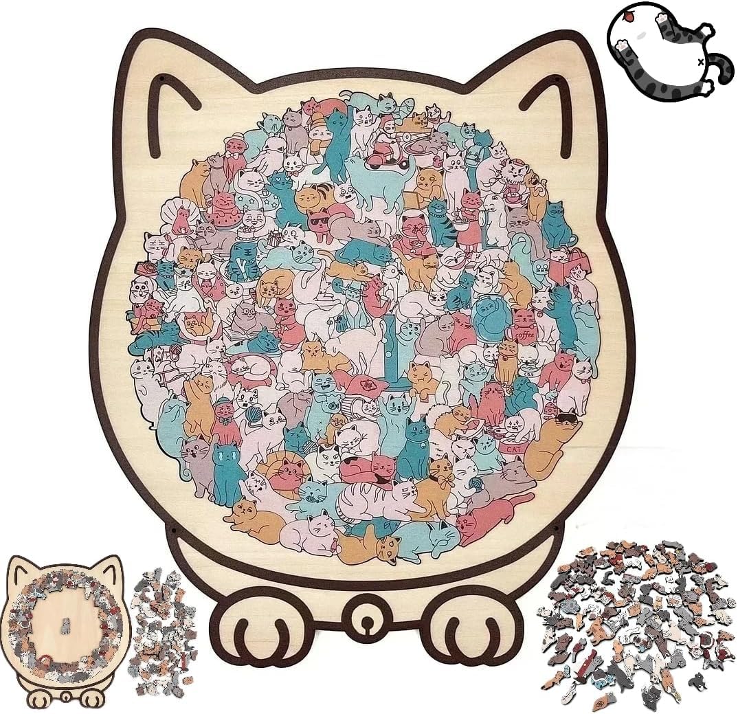 Wooden Cat Puzzle, 135-piece Cat Jigsaw Puzzles for Adults, Unique Animal Shape Irregular Jigsaw with Frame, Educational Games Creative Puzzle Gifts for Kids Family Friends