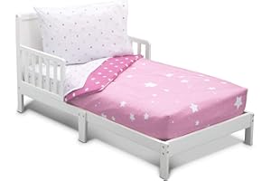 Delta Children 4 Piece Toddler Bedding Set for Girls - Reversible 2-in-1 Comforter - Includes Fitted Comforter to Keep Little Ones Snug, Bottom Sheet, Top Sheet, Pillow Case - Pink Blushing Star