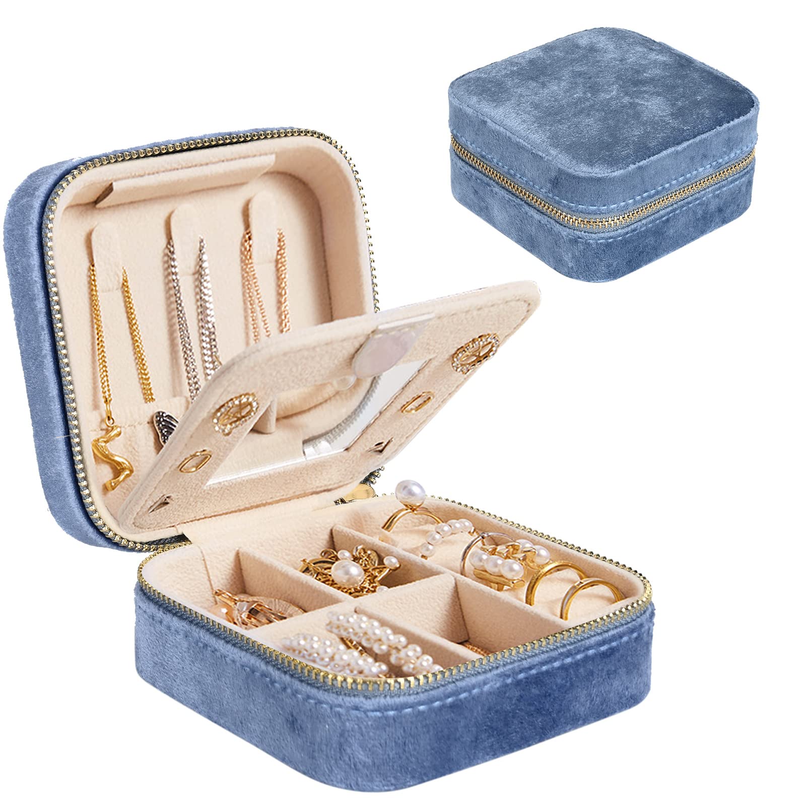 Darbermu Mini Jewelry Box Organiser, Blue Portable Travel Case With Mirror, Velvet Double Layer Bag for Rings, Earrings, Necklaces, Bracelets - Gift for Girls and Women