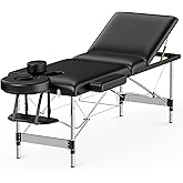 Brelley 3 Sections Aluminum Adjustable Massage Table Portable 22.8" W Black | Aluminum Frame Adjustable Height, Professional Esthetician Lash Spa Tattoo Bed, 490Lbs Load Capacity, with Carrying Bag