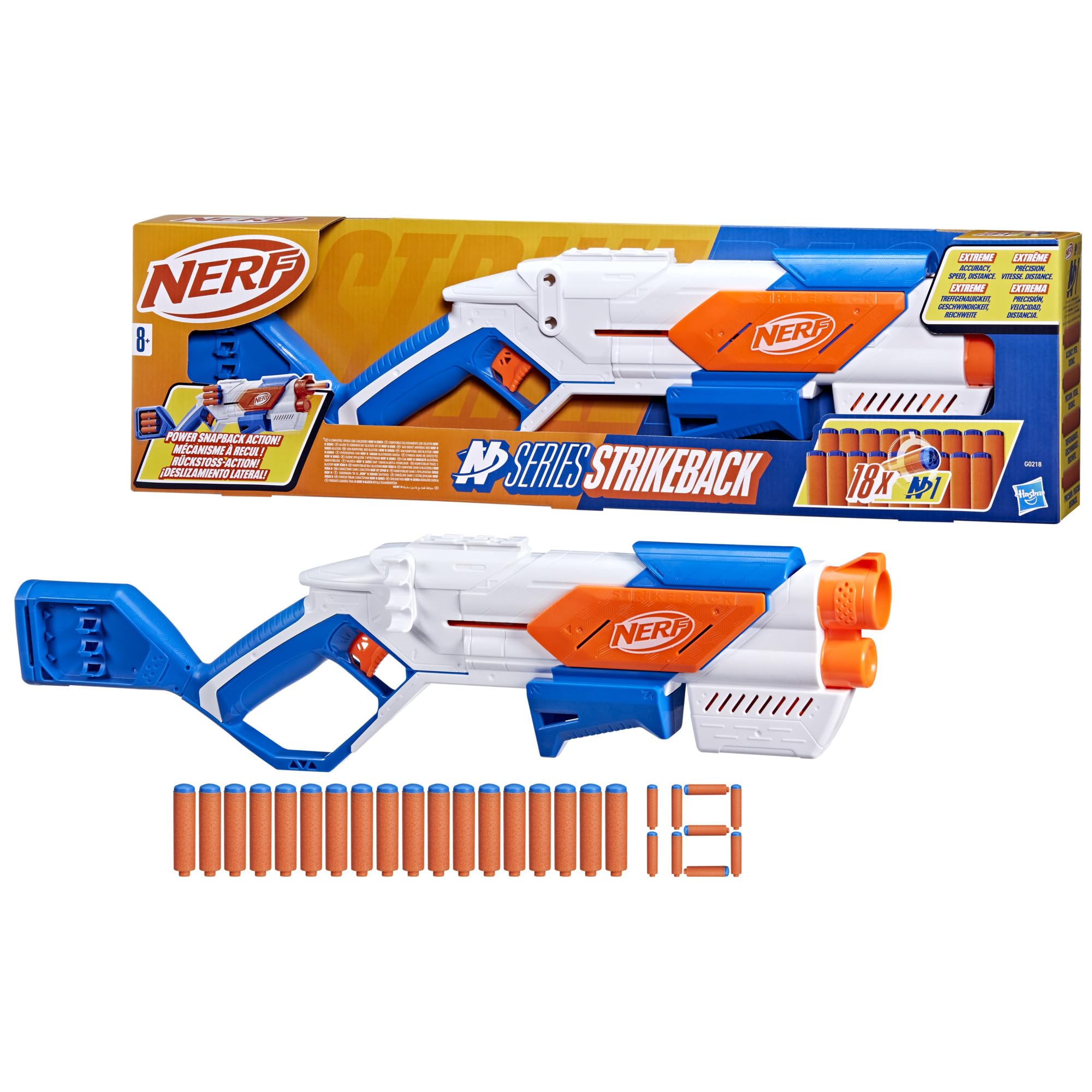 Nerf N Series Strikeback Blaster with Snapback Action, Internal 6-Dart Clip & 12-Dart Storage, Includes 18 Official N1 Foam Darts, High-Performance Toy Blaster for Kids 8 For Kids