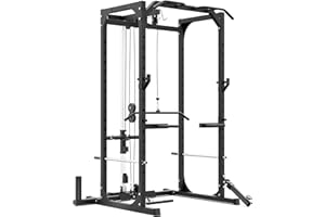 Synergee Power Rack Cage with Pulley System, J-Cups, Safety Arms, Pull Up Bar, Landmine & T Bar, Barbell Hold, Dip Station, L