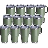 20oz Tumbler Bulk with Lid, Stainless Steel Tumbler Bulk with Handle, Metal Insulated Travel Coffee Mug Set with Handle, Double Wall Vacuum Leak Proof Tumbler Cup, Amy Green 12 Pack