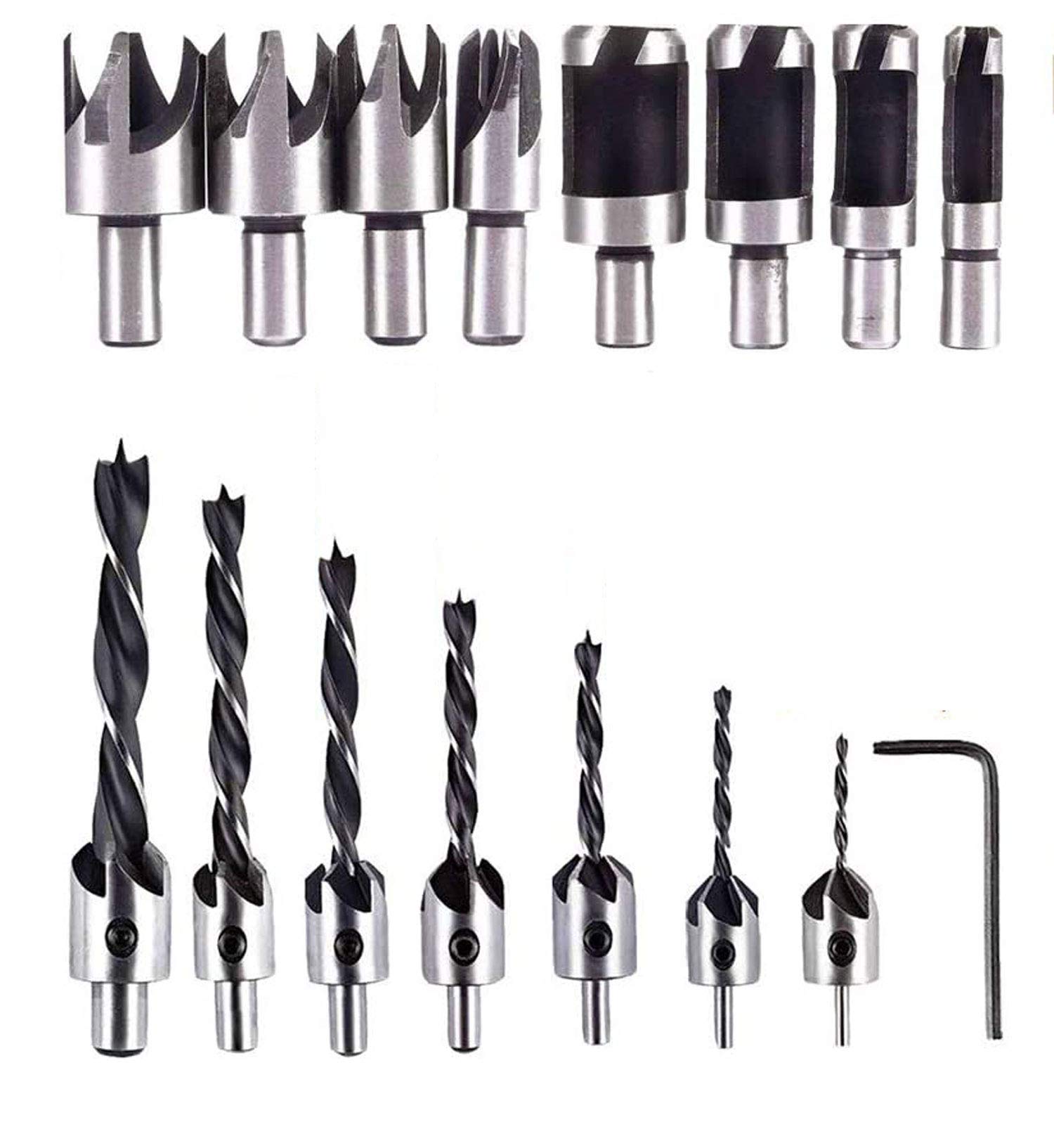 15pcs Countersink Drill Bit Set for Wood Door Window Cabine Include 8pcs Wood Plug Cutter Tool Drill Bits,7pcs Three Pointed Drill Bit