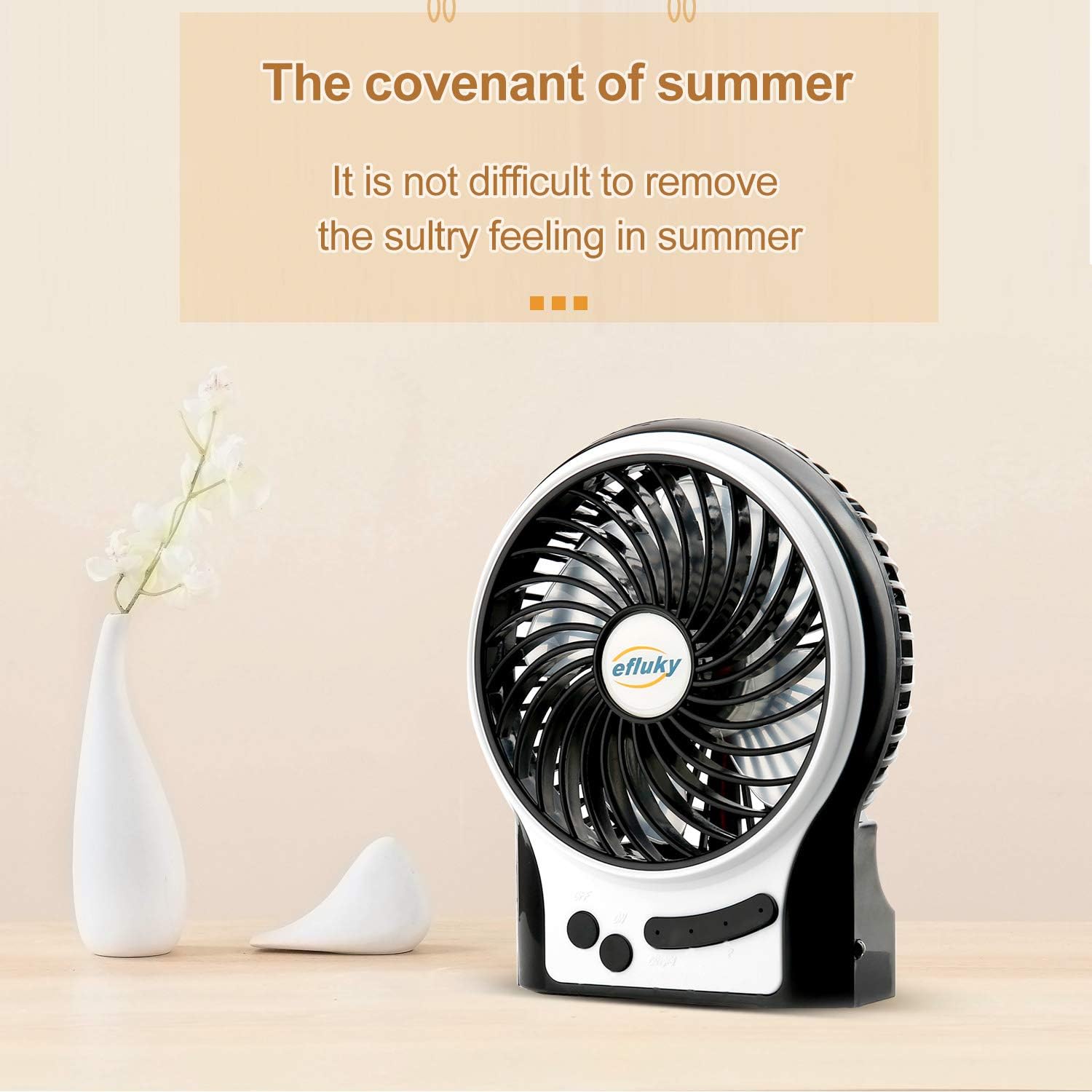 efluky 3 Speeds Mini Desk Fan, Rechargeable Battery Operated Fan with LED Light and 2200mAh Battery, Portable USB Fan Quiet for Home, Office, Travel, Camping, Outdoor, Indoor Fan, 4.9-Inch, Black: Home & Kitchen