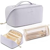 Vlando Makeup Bag,Large Capacity Toiletry Bag for Women Waterproof Portable Make up Pouch PU Leather Open Flat Cosmetic Bag(Purple)