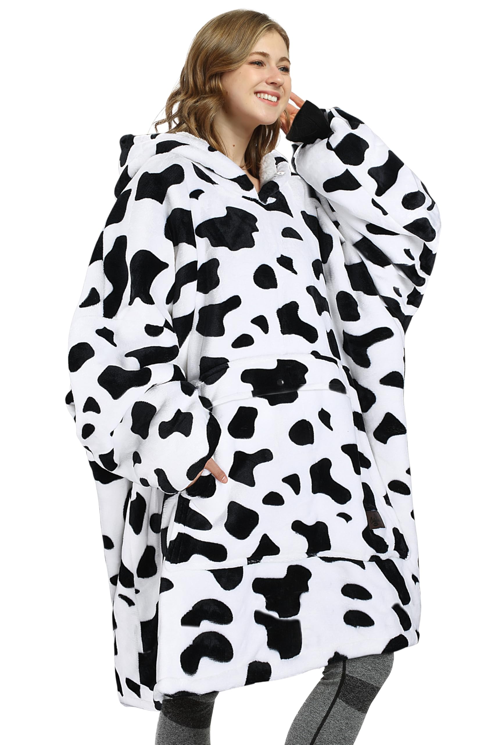 Catalonia Cow Print Oversized Hoodie Blanket Sweatshirt, Comfortable Sherpa Lounging Pullover for Adults Men Women Teenagers Wife Girlfriend, Cow Gift Image