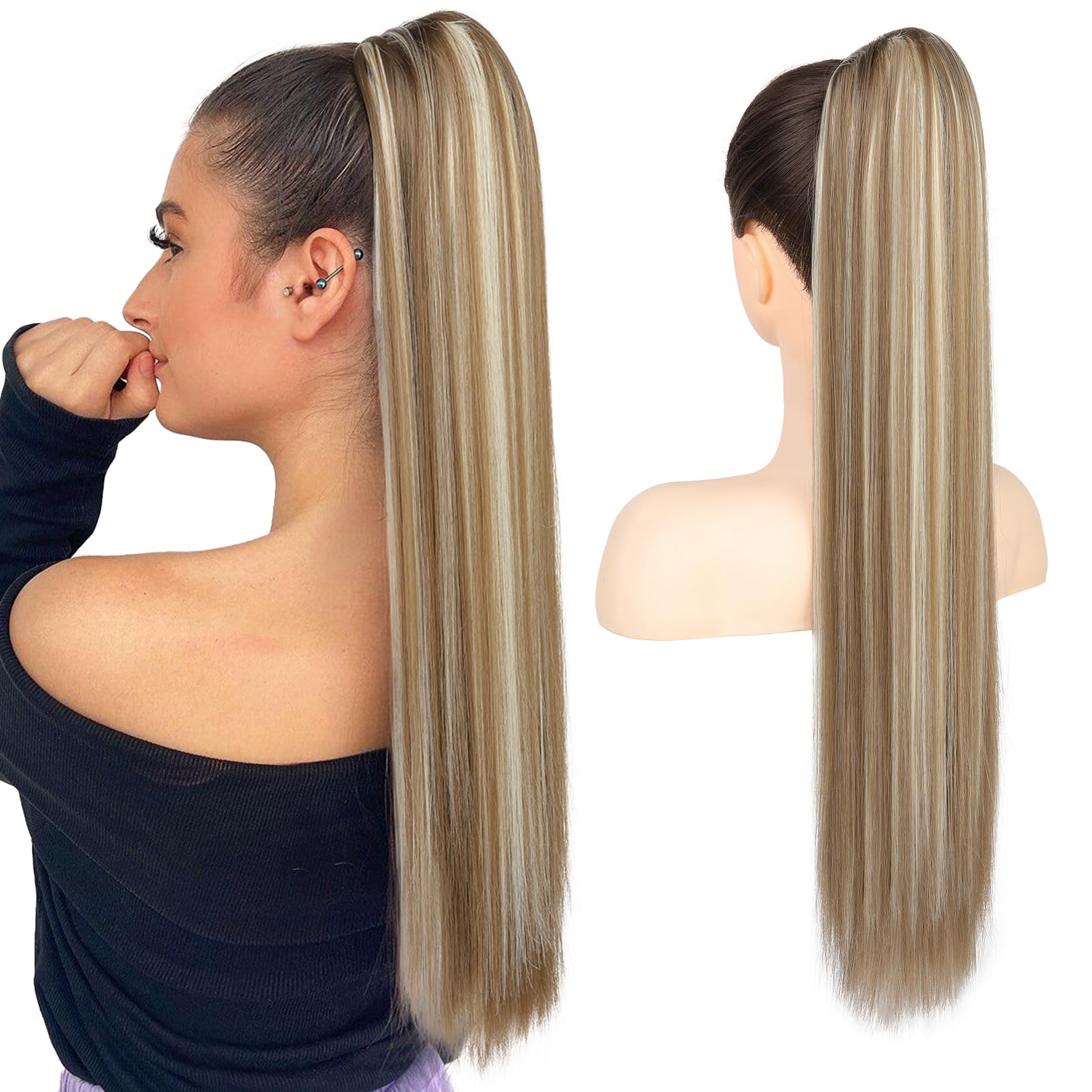 Photo 1 of Flufymooz ponytail extension, 26 Inch Long Straight Drawstring Ponytail Synthetic Hairpieces Fake Pony Tails Natural Soft Clip in Hair Extension Pony Tail for Women (Ash Brown with Blonde Highlights)