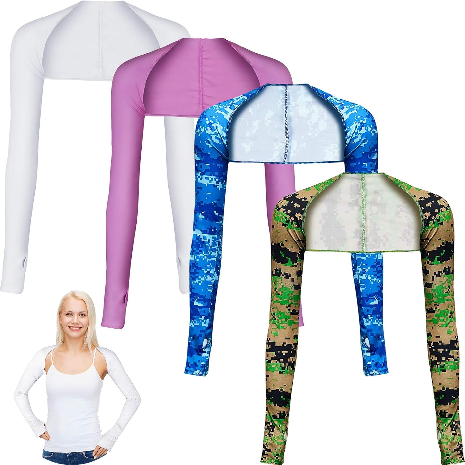 4 Pairs Cooling Shawl Arm Sleeves Sun Protection with Finger Hole for Golfing, Driving, Riding, Fishing (Purple, White, Camouflage Blue, Camouflage Green): Sports & Outdoors