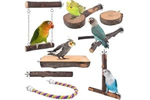 DBNESS Bird Perches, 8pcs Natural Wood Parrot Perch Stand Chewing Toys Cage Accessories Hanging Multi-Branch Perch Platform Swing Toy Rope Perches for Small and Medium Parakeet, Conures, Budgies