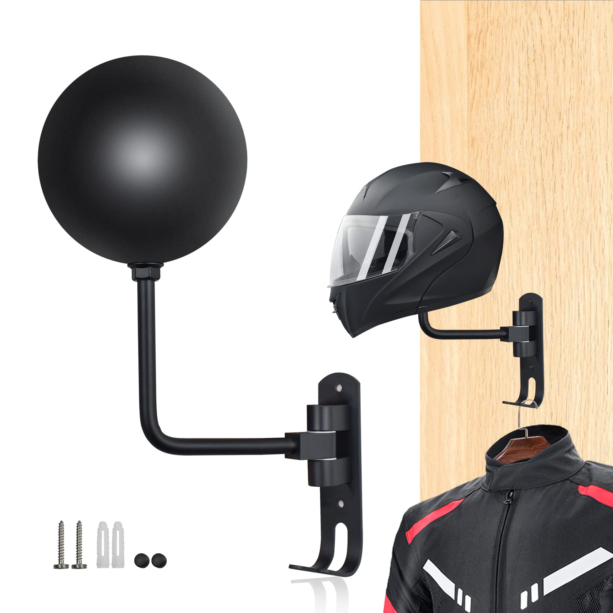 Helmet Wall Mount,Motorcycle Helmet Rack Holder for Bike 180 Degree Rotation with 2 Hooks Helmet Accessories Hanger for Baseballs Coats, Caps, and Rugby Helmet Black (1)