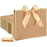 Silkfly Thank You Gift Bags with Handle 12x10x4'' Welcome Return Gifts Bag with Bow Ribbon for Wedding Bridesmaid Baby Shower Birthday Housewarming Employee Appreciation Day(Kraft, Gold,12 Pcs)