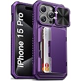 Vihibii for iPhone 15 Pro Wallet Case with Card Holder (4 Cards) & Slide Camera Cover & Kickstand & Raised Edges Protection, Shockproof Rugged Phone Cover for iPhone 15 Pro 5G 6.1" 2023, Dark Purple
