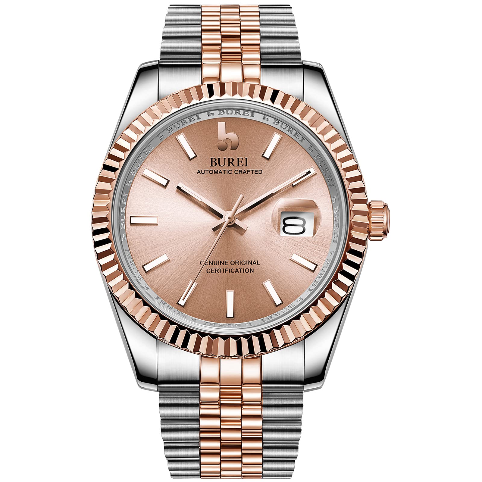 BUREI Herren Automatikuhr Elegantes Modell Klassisches Design Japanisches Automatikwerk Edelstahlgehäuse und -Band (Rosegold Sliver)
