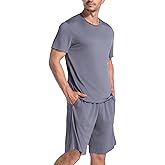 SlumberMee Mens Pajama Set Soft Cooling Viscose Summer Pjs Short Sleeve Sleepwear 2 Piece Crew Neck Loungewear with Pockets