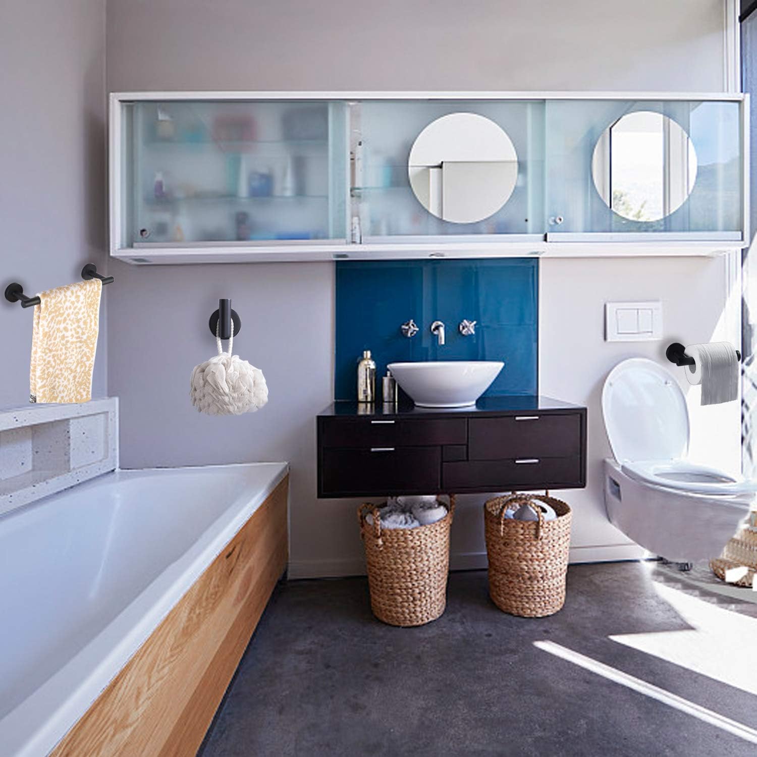 Nolimas 3-Pieces Set Matte Black Bathroom Hardware Set SUS304 Stainless Steel Round Wall Mounted - Includes 12" Hand Towel Bar,Toilet Paper Holder, Robe Towel Hooks,Bathroom Accessories Kit: Home & Kitchen