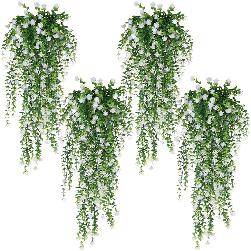 LYPPUL 4 Pcs Artificial Hanging Flowers, UV-Resistant Fake Hanging Plants Flower Bouquet, Fake Hanging Flowers for Wedding Arch Party Garden Home Indoor Outdoor Decor (White)
