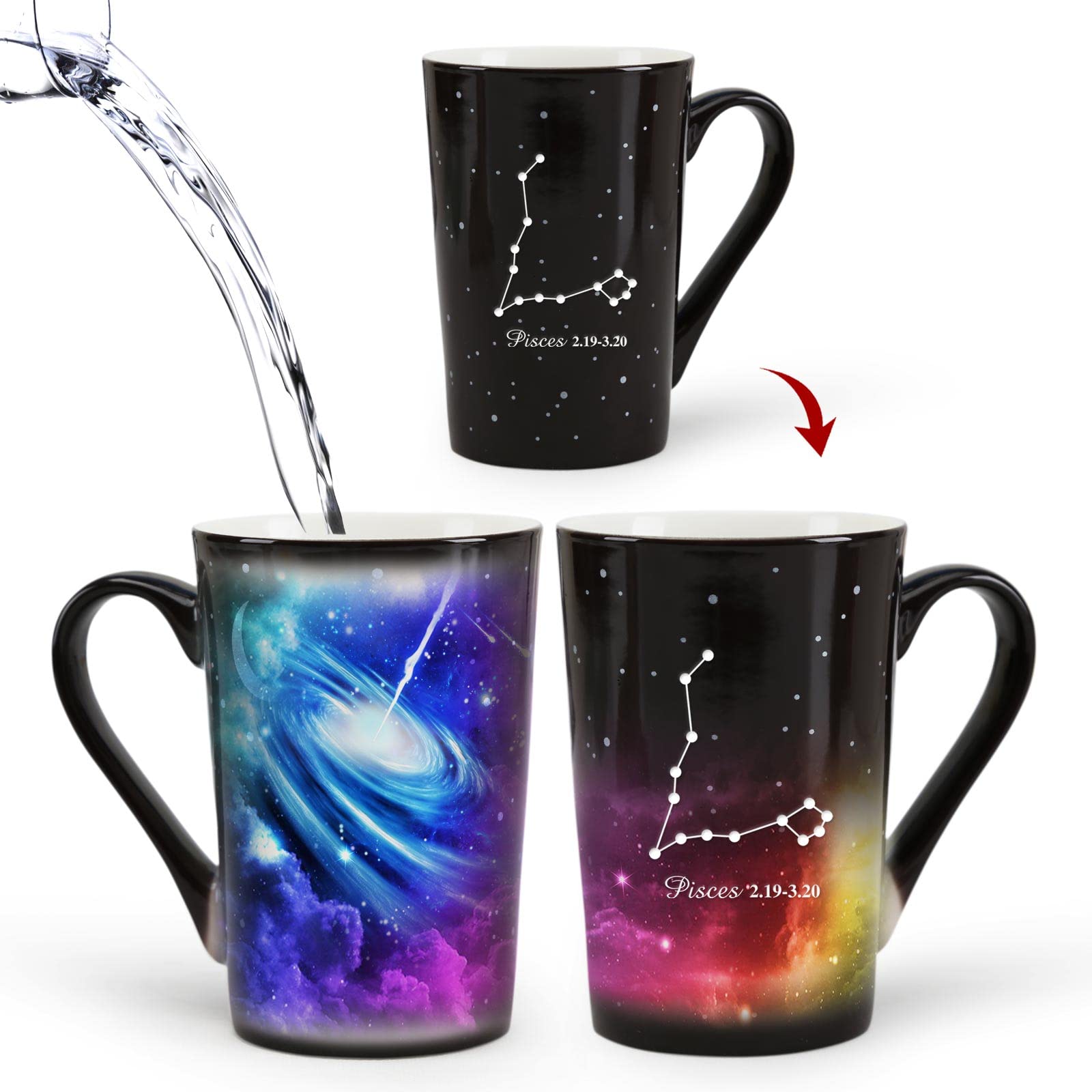 Mugkiss Pisces Heat Color Changing Constellation Cup 12oz, Engraving Horoscope Pisces Ceramic Coffee Mug, Starry Sky Cup, Unique Holiday Birthday Gift, February March Magic Presents.