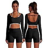 ABOCIW Workout Sets for Women Long Sleeve Layers Crop Top High Waist Biker Shorts with Pocket 2 Piece Yoga Outfits