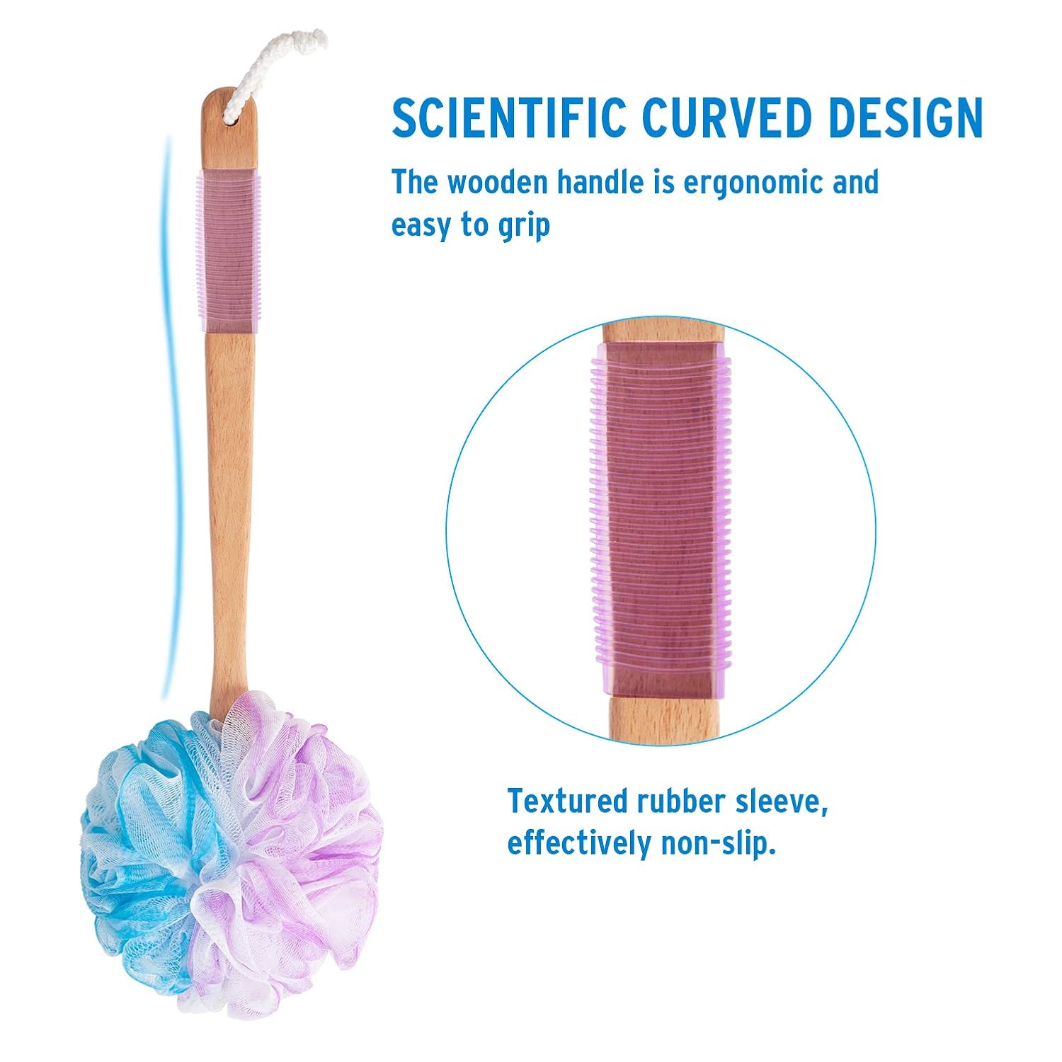 AmazerBath Shower Sponge Loofah Back Scrubber, PE Soft Mesh Loofah Body Scrubber with Long Wooden Handle, Bath Sponge for Men Women (Purple) : Beauty