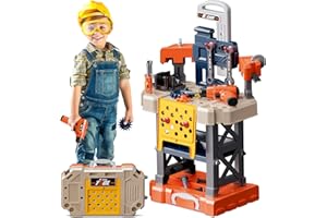 POFJOEQ Kids Tool Bench for Toddlers，Kids Tool Set with Realistic Tools and Electric Dril，Build Your Own Toy Tool Box-74 Realistic Toy Tools and Accessories