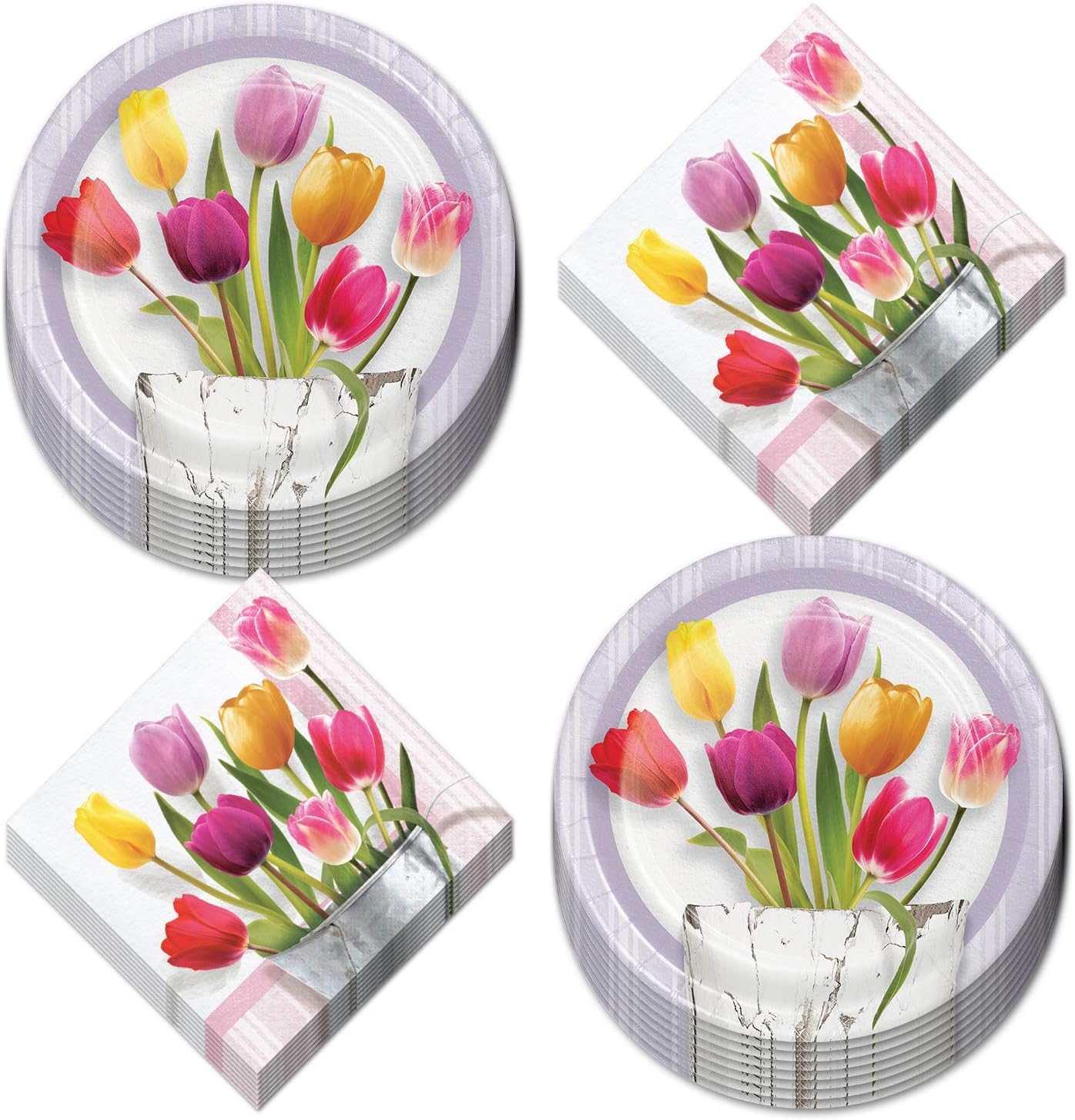 Spring Tulips Watering Can Paper Dessert Plates and Beverage Napkins (Serves 16)