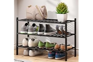 VIEWCARE 3-Tier Black Bamboo Shoe Rack for Entryway, Stackable | Foldable | Natural, Shoe Shelf Storage Organizer for Hallway Closet, Free Standing Shoe Racks for Indoor Outdoor