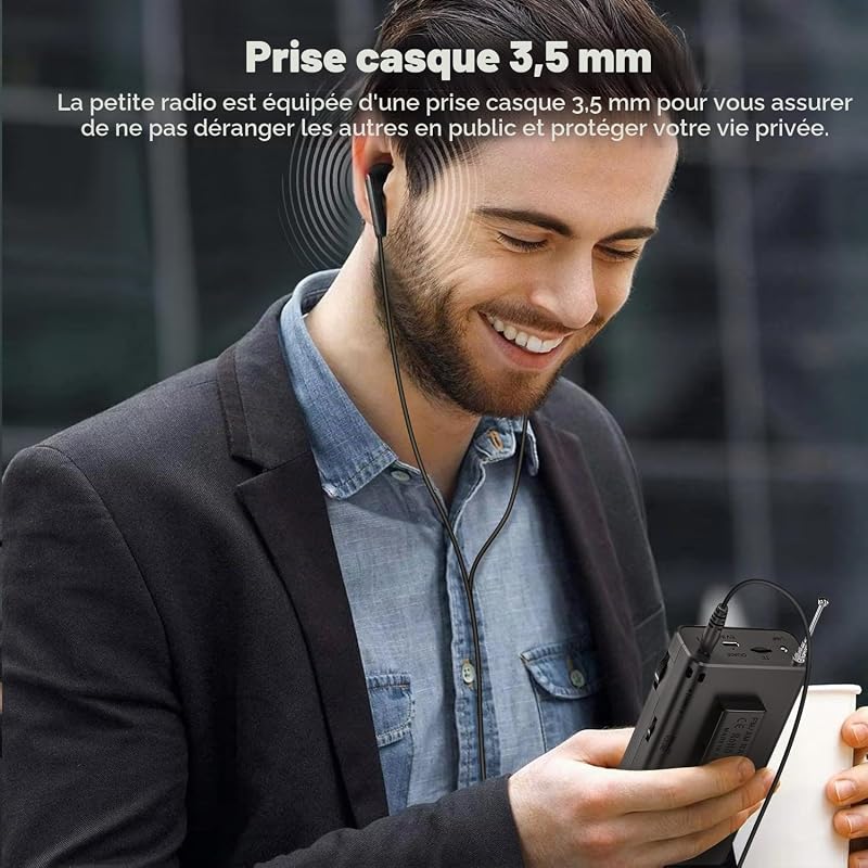 Petite Radio, Radios AM/FM, Radios de Poche avec Clip Arrière, Radio Portable avec Batterie Rechargeable Intégrée, Radio Avec Emplacement pour Carte TF, Prise Casque 3.5MM et Fonction Lumineuse.（Noir） — photo 7 sur 7