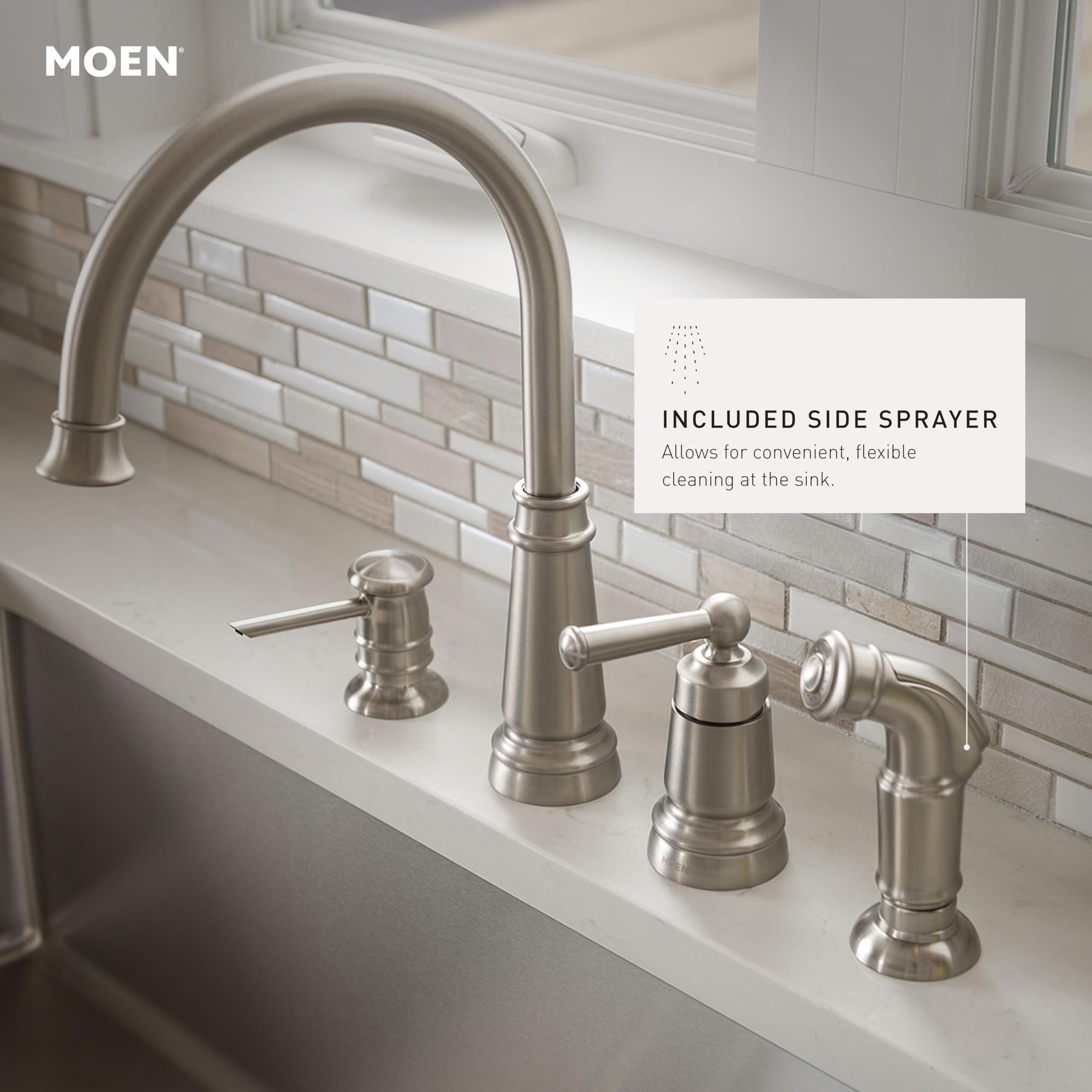 Moen 87042SRS Edison Spot Resist Stainless One-Handle High Arc 4-hole Kitchen Faucet with Side Sprayer and Soap Dispenser