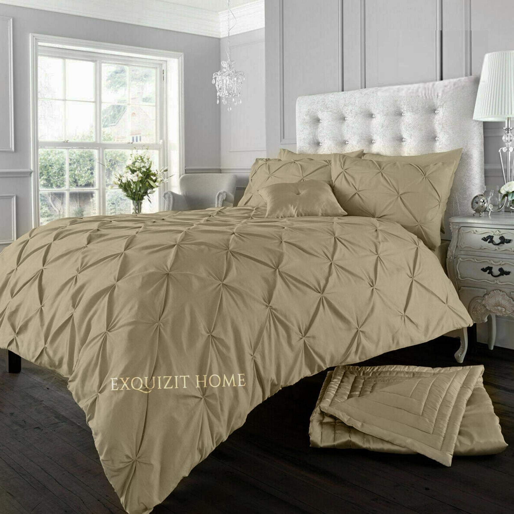 EXQUIZIT HOME® Luxury Duvet Cover Set – Alexander Alford Pin Tuck Pinch Pleat Reversible Diamond Bedding Set with Matching Pillowcase Pack of 2, 50% Cotton 50% Polyester (Latte – Double 200 x 200 cm)