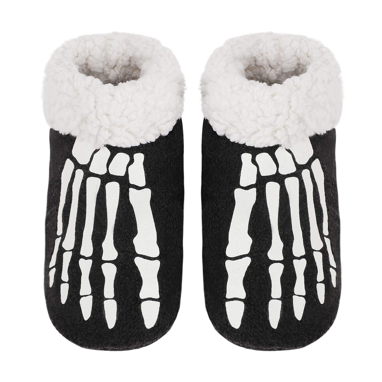 Halloween Slippers Boots for Women 5D Skeleton Print Indoor Socks Slippers Non-Slip Fluzzy Slippers Thermal Plush Slippers with Warm Faux Fur Collar Funny Foot Bone Ankle Boots Cosplay Slippers Gifts