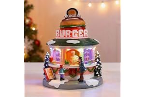 Vigdur Christmas Village Houses - Animated Hamburger Shop with LED Lighted and 8 Xmas Songs, Christmas Animation Village Indoor Holiday Tabletop Decorations for Home Tabletop Gift