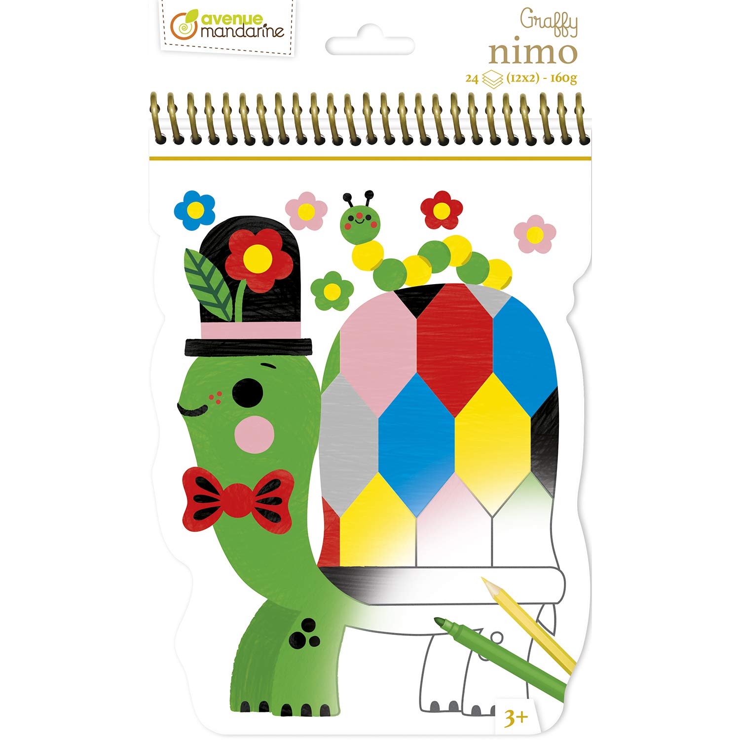 Avenue Mandarine - Ref GY113C - Graffy Nimo Spiral Colouring Book - Turtle Designs - 24 Colouring Pages, 15 x 25.5cm, 160gsm Drawing Paper, 12 Designs, Suitable for Ages 3+