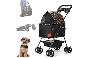 SKISOPGO Pet Stroller for Small Dogs Cats, 3-in-1 Dog Stroller with Detachable Carrier, Small Dog Cat Stroller with Push Button Entry/2 Adjustable Straps for Easy Travel (Black & Gold)