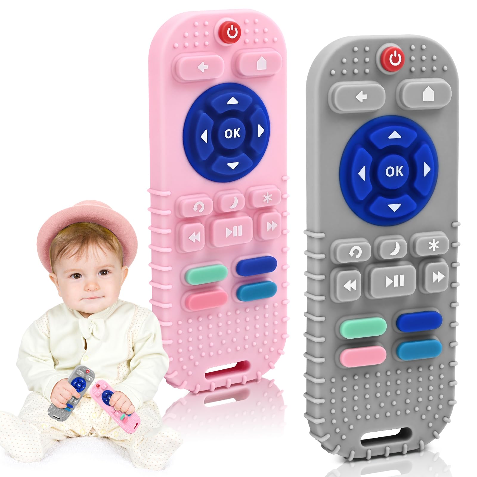 2 Pack Baby Teether for Teething Relief Baby Toys 0 3 6 12 Months, Sensory Silicone Remote Control Baby Teether Toy for Babies Newborn Infant Boy Girl Autism Toys for Baby Gifts, Darkgray & Pink