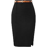 Kate Kasin Women's Tweed Pencil Skirt Knee Length High Waisted Skirts with Slit Elegant Skirts with Belt