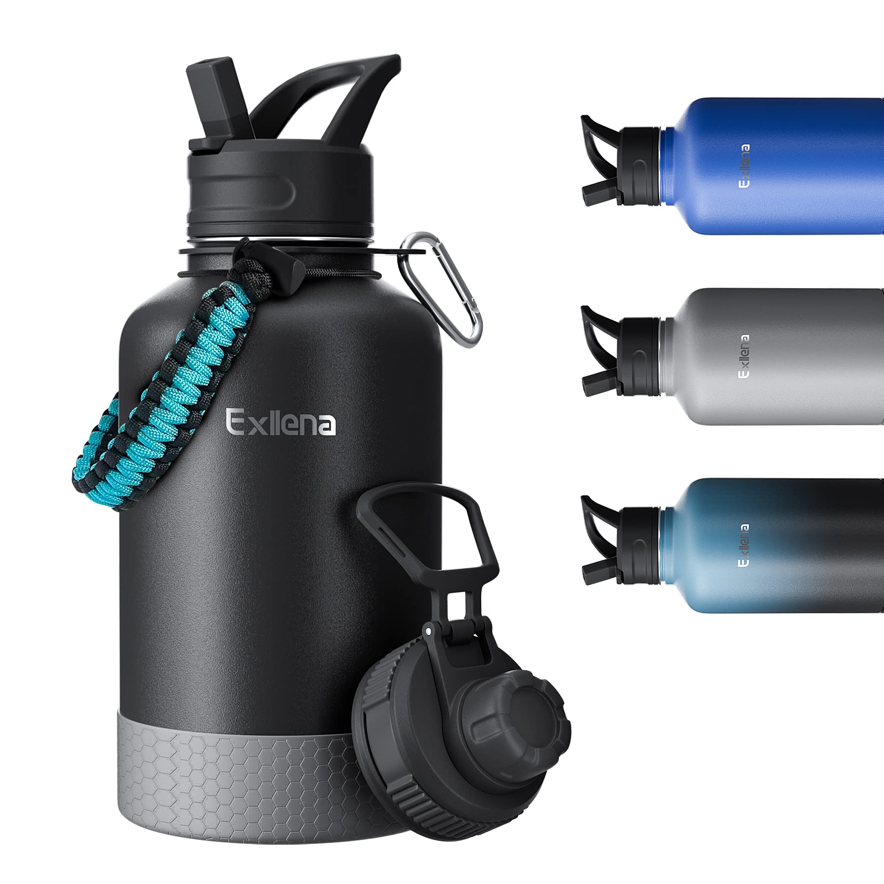Exllena 2 Litre Stainless Steel Water Bottle, Double Insulated Water Bottles with Two Lids and Protective Silicone Boot, Paracord Handle Practical to Carry- Black