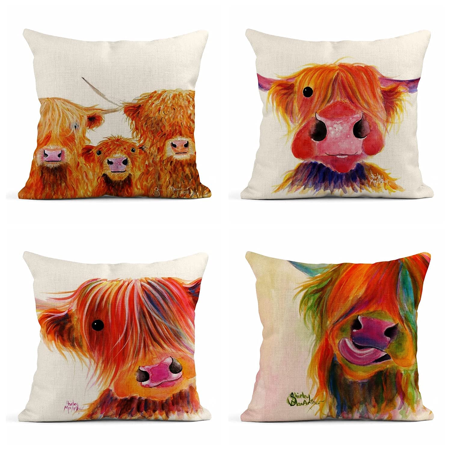 Set of 4 Polyester Cushion Covers - 18x18 Inch Scottish Highland Cow Home Decor Square Cushion Covers for Sofa, Bed, Couch