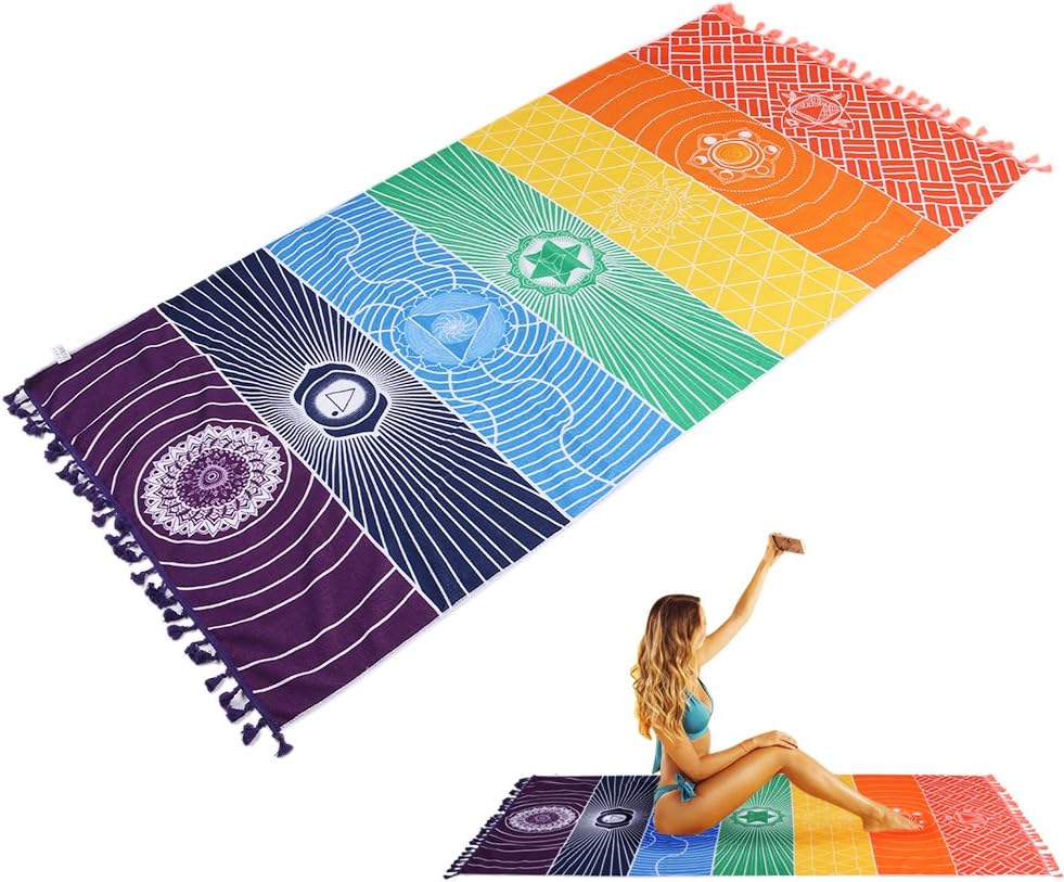 YUMOMOIndian Tapestry Yoga Towel, 100%-cotton, Rainbow, 59" (150cm) Long X 30" (75cm) Wide