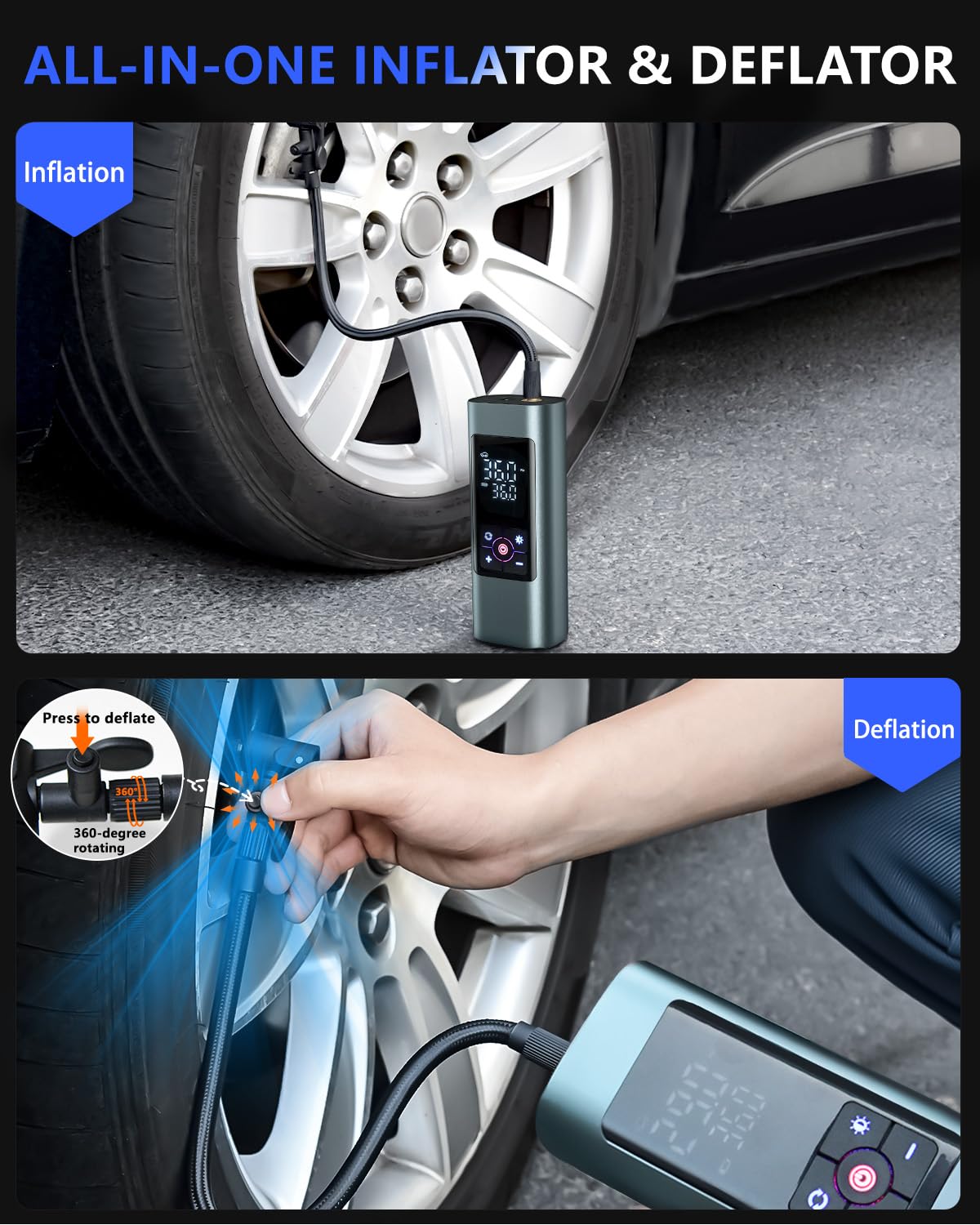 Neakhmer Mini Kompressor Akku Luftpumpe：150PSI Elektrische luftpumpe mit Deflate-Funktion - Tragbare Pumpe für Auto Motorrad Fahrrad 4
