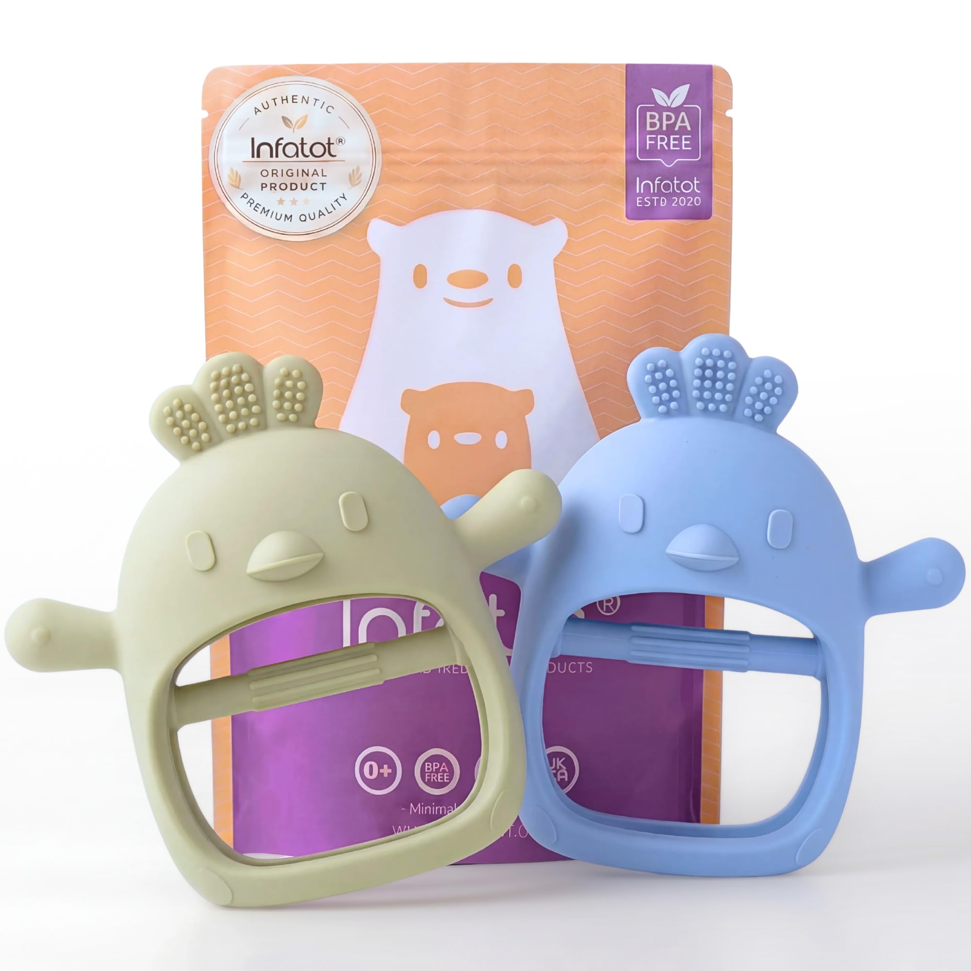 Infatot® Teething Toys for Baby Gifts – 2 Pack Chicken Silicone Mitten Teether, Soothing Glove for Infants, Baby Toys 0-6 Months, Soft Chewable Teether Toy to Prevent Finger Sucking, CH Blue & Green — image 1