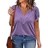 VISLILY Womens-Plus-Size-Summer-Tops Casual Petal Short Sleeve T Shirts Trendy V Neck Blouses Flowy Dressy Tunics XL-5XL