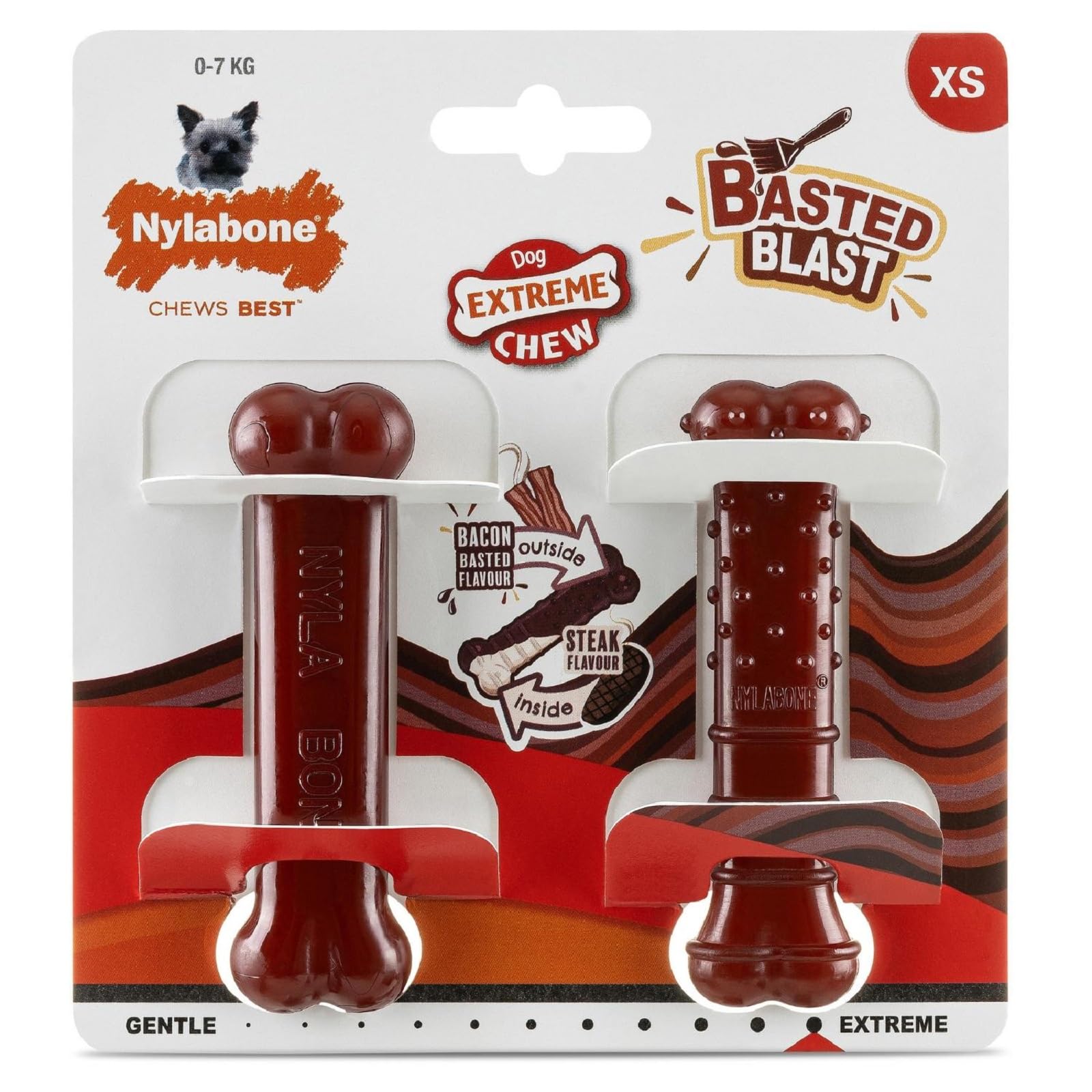 Nylabone Pack of 2 Basted Blast Extreme Chewers Tough Nylon Dog Chew Toy Bone, Durable, Boredom Breaker, Cleans Teeth, Bacon and Steak Flavour, Extra Small, For Dogs 0-7kg